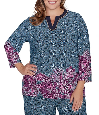 Ruby Rd. Plus Size Polynesian Inspired Floral Border Print Split Contrast Trim V-Neck 3/4 Sleeve Side Slit Hem Tunic