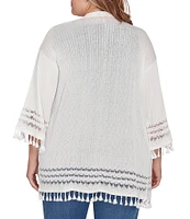 Ruby Rd. Plus Size Pom Pom Lace Placket 3/4 Sleeve Lace Tassel Trim Open-Front Cardigan