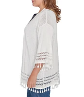 Ruby Rd. Plus Size Pom Pom Lace Placket 3/4 Sleeve Lace Tassel Trim Open-Front Cardigan