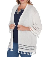 Ruby Rd. Plus Size Pom Pom Lace Placket 3/4 Sleeve Lace Tassel Trim Open-Front Cardigan