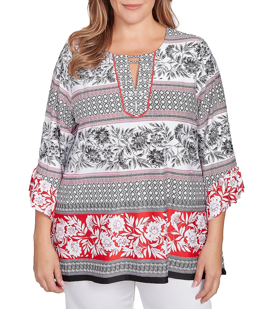 Ruby Rd. Plus Size Printed Embellished Keyhole Neck 3/4 Ruffle Sleeve Sharkbite Hem Top