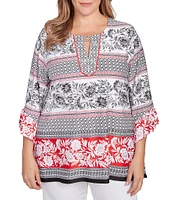 Ruby Rd. Plus Size Printed Embellished Keyhole Neck 3/4 Ruffle Sleeve Sharkbite Hem Top