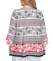 Ruby Rd. Plus Size Printed Embellished Keyhole Neck 3/4 Ruffle Sleeve Sharkbite Hem Top