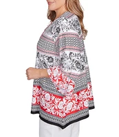 Ruby Rd. Plus Size Printed Embellished Keyhole Neck 3/4 Ruffle Sleeve Sharkbite Hem Top