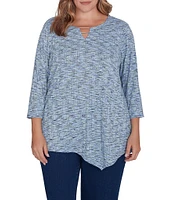 Ruby Rd. Plus Size Printed Knit Keyhole V-Neck 3/4 Sleeve Asymmetric Hem Top