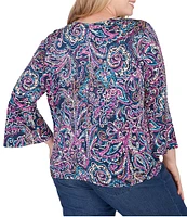 Ruby Rd. Plus Size Puff Brocade Print Knit V-Neck 3/4 Flare Sleeve Tie-Front Top