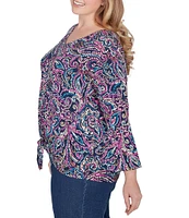 Ruby Rd. Plus Size Puff Brocade Print Knit V-Neck 3/4 Flare Sleeve Tie-Front Top