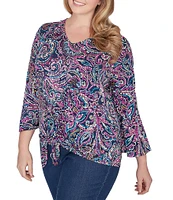 Ruby Rd. Plus Size Puff Brocade Print Knit V-Neck 3/4 Flare Sleeve Tie-Front Top