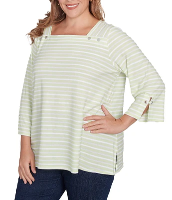 Ruby Rd. Plus Size Ribbon Stripe Print Knit Square Button Trim Detail Neck 3/4 Bell Sleeve Top