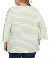 Ruby Rd. Plus Size Ribbon Stripe Print Knit Square Button Trim Detail Neck 3/4 Bell Sleeve Top