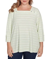 Ruby Rd. Plus Size Ribbon Stripe Print Knit Square Button Trim Detail Neck 3/4 Bell Sleeve Top