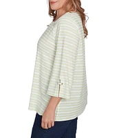 Ruby Rd. Plus Size Ribbon Stripe Print Knit Square Button Trim Detail Neck 3/4 Bell Sleeve Top