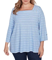 Ruby Rd. Plus Size Ribbon Stripe Print Knit Square Button Trim Detail Neck 3/4 Bell Sleeve Top