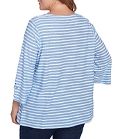 Ruby Rd. Plus Size Ribbon Stripe Print Knit Square Button Trim Detail Neck 3/4 Bell Sleeve Top