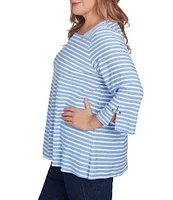 Ruby Rd. Plus Size Ribbon Stripe Print Knit Square Button Trim Detail Neck 3/4 Bell Sleeve Top