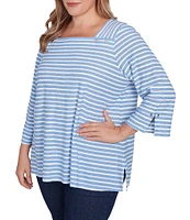 Ruby Rd. Plus Size Ribbon Stripe Print Knit Square Button Trim Detail Neck 3/4 Bell Sleeve Top