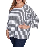 Ruby Rd. Plus Size Ribbon Stripe Print Knit Square Button Trim Detail Neck 3/4 Bell Sleeve Top