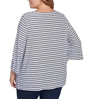 Ruby Rd. Plus Size Ribbon Stripe Print Knit Square Button Trim Detail Neck 3/4 Bell Sleeve Top