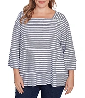 Ruby Rd. Plus Size Ribbon Stripe Print Knit Square Button Trim Detail Neck 3/4 Bell Sleeve Top