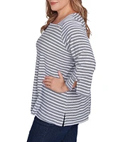 Ruby Rd. Plus Size Ribbon Stripe Print Knit Square Button Trim Detail Neck 3/4 Bell Sleeve Top