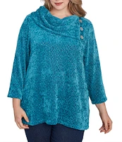 Ruby Rd. Plus Size Sequin Chenille Knit Cowl Asymmetrical Neck 3/4 Sleeve Sweater