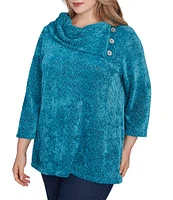 Ruby Rd. Plus Size Sequin Chenille Knit Cowl Asymmetrical Neck 3/4 Sleeve Sweater