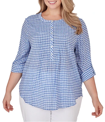 Ruby Rd. Plus Size Silky Gauze Gingham Print Scoop Neck 3/4 Roll-Tab Sleeve Top