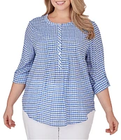 Ruby Rd. Plus Size Silky Gauze Gingham Print Scoop Neck 3/4 Roll-Tab Sleeve Top