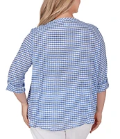 Ruby Rd. Plus Size Silky Gauze Gingham Print Scoop Neck 3/4 Roll-Tab Sleeve Top