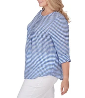Ruby Rd. Plus Size Silky Gauze Gingham Print Scoop Neck 3/4 Roll-Tab Sleeve Top