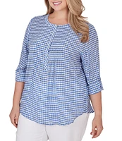 Ruby Rd. Plus Size Silky Gauze Gingham Print Scoop Neck 3/4 Roll-Tab Sleeve Top