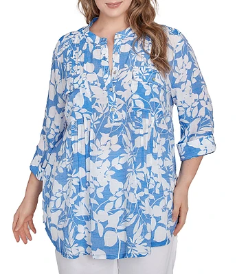 Ruby Rd. Plus Size Silky Gauze Printed Banded Neck 3/4 Roll-Tab Sleeve Pleated Blouse