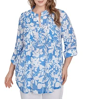 Ruby Rd. Plus Size Silky Gauze Printed Banded Neck 3/4 Roll-Tab Sleeve Pleated Blouse
