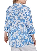 Ruby Rd. Plus Size Silky Gauze Printed Banded Neck 3/4 Roll-Tab Sleeve Pleated Blouse