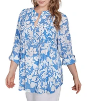 Ruby Rd. Plus Size Silky Gauze Printed Banded Neck 3/4 Roll-Tab Sleeve Pleated Blouse