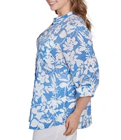 Ruby Rd. Plus Size Silky Gauze Printed Banded Neck 3/4 Roll-Tab Sleeve Pleated Blouse