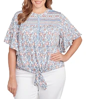 Ruby Rd. Plus Size Silky Voile Printed Round Neck Short Flutter Sleeve Tie-Front Top