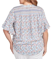Ruby Rd. Plus Size Silky Voile Printed Round Neck Short Flutter Sleeve Tie-Front Top