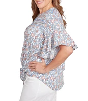 Ruby Rd. Plus Size Silky Voile Printed Round Neck Short Flutter Sleeve Tie-Front Top