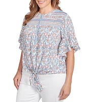 Ruby Rd. Plus Size Silky Voile Printed Round Neck Short Flutter Sleeve Tie-Front Top