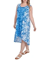 Ruby Rd. Plus Size Slub Jersey Floral Ombre Scoop Neck Sleeveless Hi-Low Hem shift Dress
