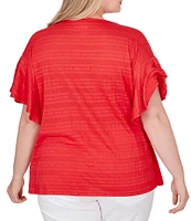 Ruby Rd. Plus Size Smocked Knit Crew Neck Short Flutter Sleeve Top