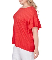 Ruby Rd. Plus Size Smocked Knit Crew Neck Short Flutter Sleeve Top