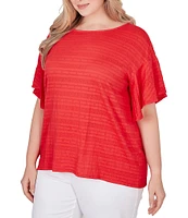 Ruby Rd. Plus Size Smocked Knit Crew Neck Short Flutter Sleeve Top