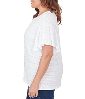 Ruby Rd. Plus Size Smocked Knit Crew Neck Short Flutter Sleeve Top