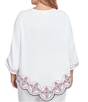 Ruby Rd. Plus Size Soft Crepe Gauze Embroidered Scoop Neck 3/4 Tie Sleeve Top