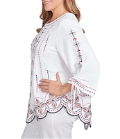 Ruby Rd. Plus Size Soft Crepe Gauze Embroidered Scoop Neck 3/4 Tie Sleeve Top