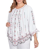 Ruby Rd. Plus Size Soft Crepe Gauze Embroidered Scoop Neck 3/4 Tie Sleeve Top