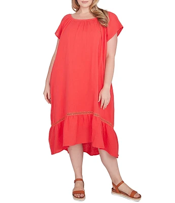 Ruby Rd. Plus Size Soft Gauze Boat Neck Short Flutter Sleeve High-Low Shift Midi Dress