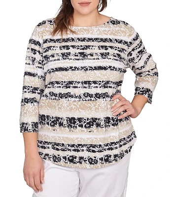 Ruby Rd. Plus Size Soft Jersey Knit Mixed Floral Watercolor Stripe Boat Neck 3/4 Sleeve Top